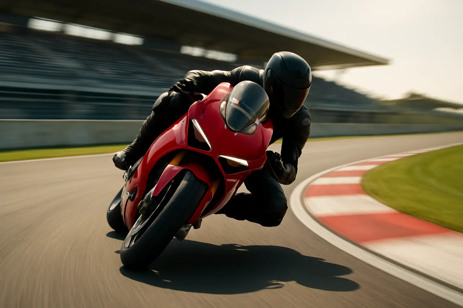 A MotoGP racing motorcycle leaning hard into a corner on a sunlit circuit