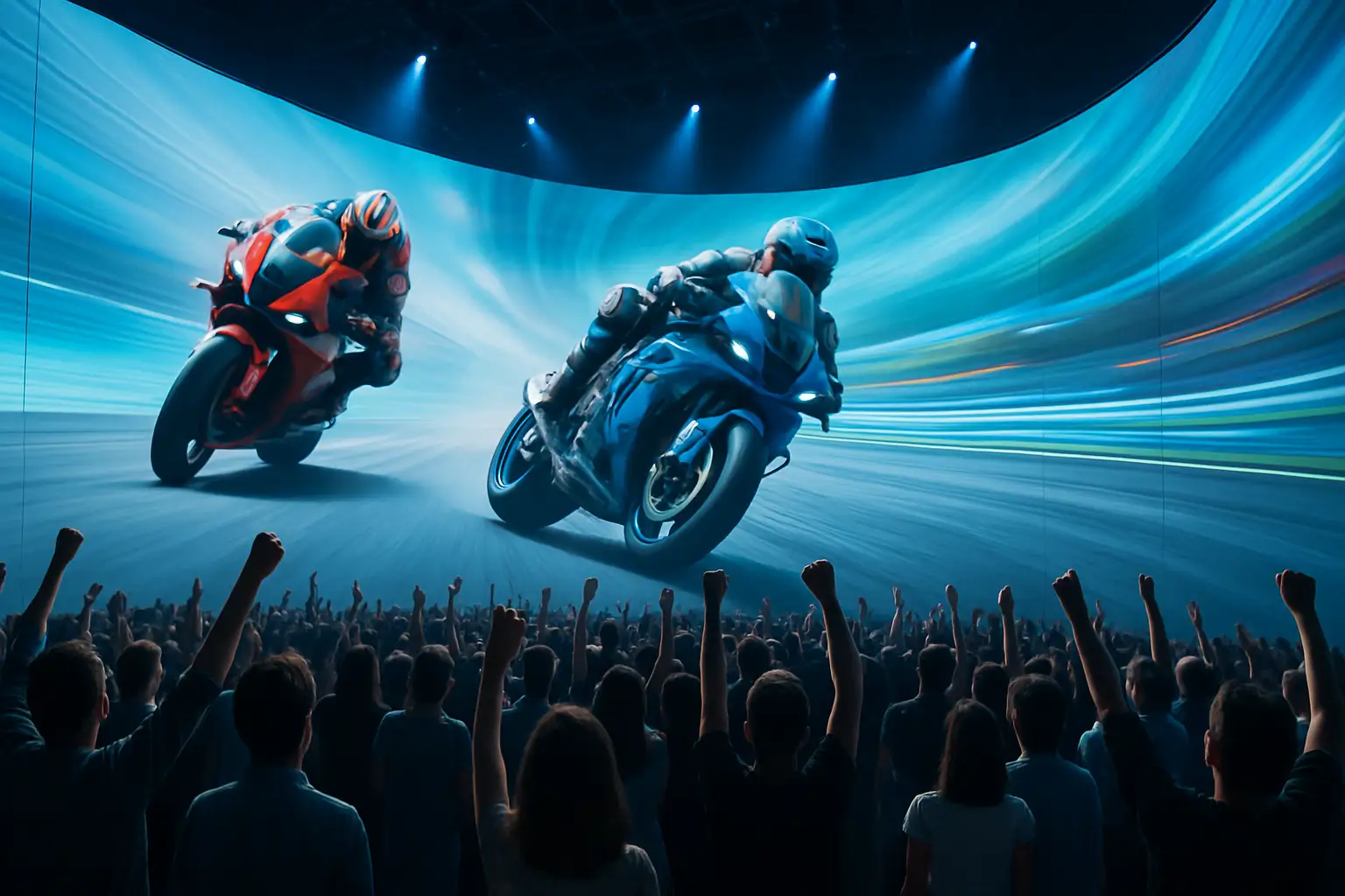 A large crowd of MotoGP fans gathered inside a high-tech immersive venue in London