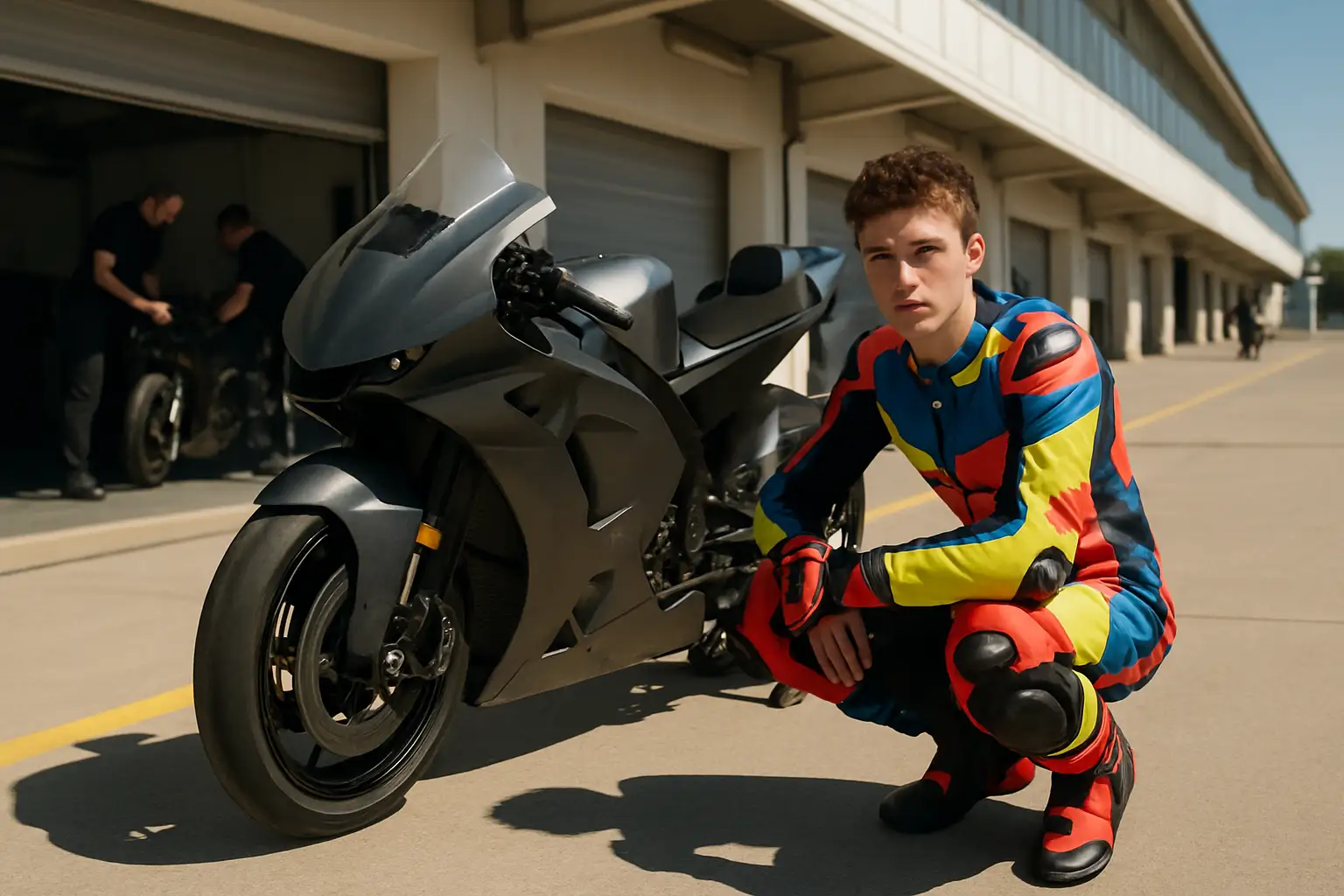 Young motorcycle racer in full leathers preparing to ride a MotoGP prototype on pit lane