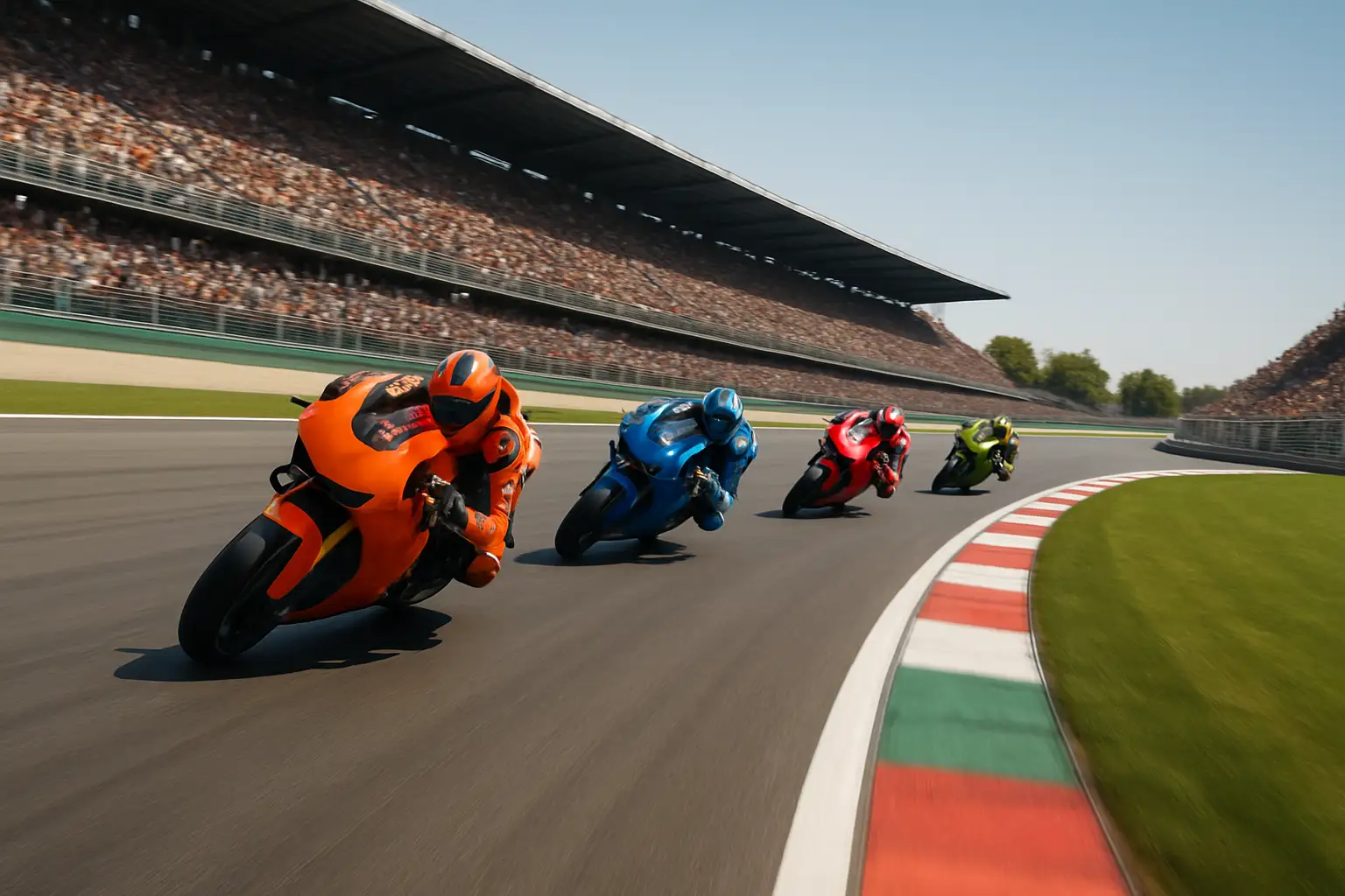 MotoGP riders racing through a sweeping corner at the Sachsenring during the German Grand Prix Sprint