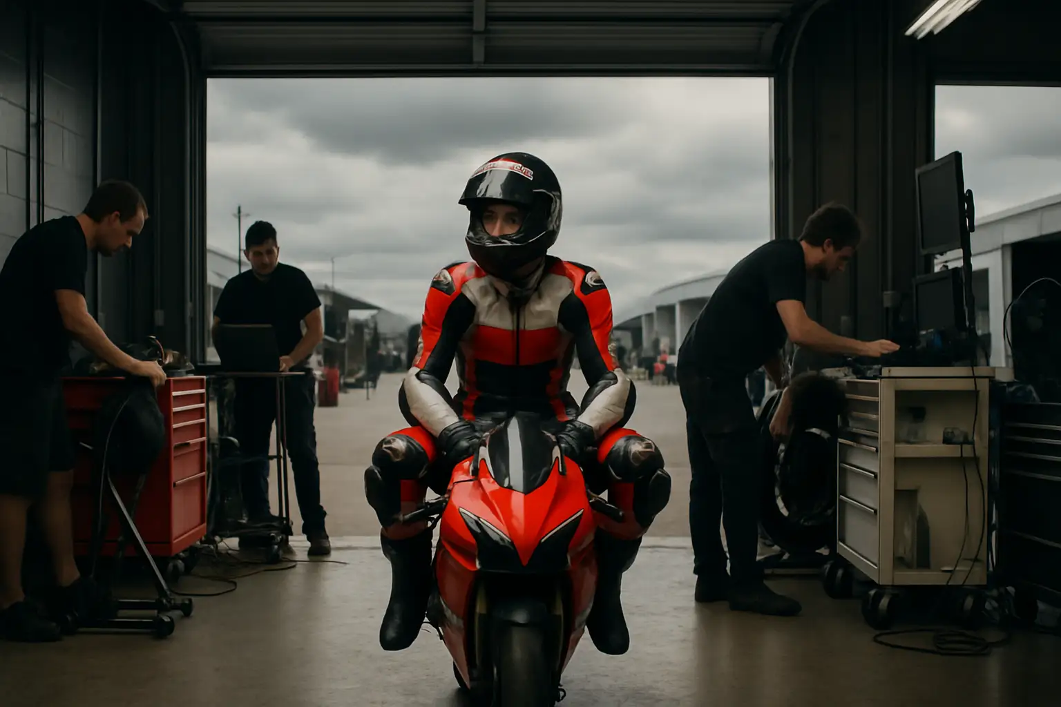 A MotoGP Ducati rider preparing in the paddock before a race weekend practice session