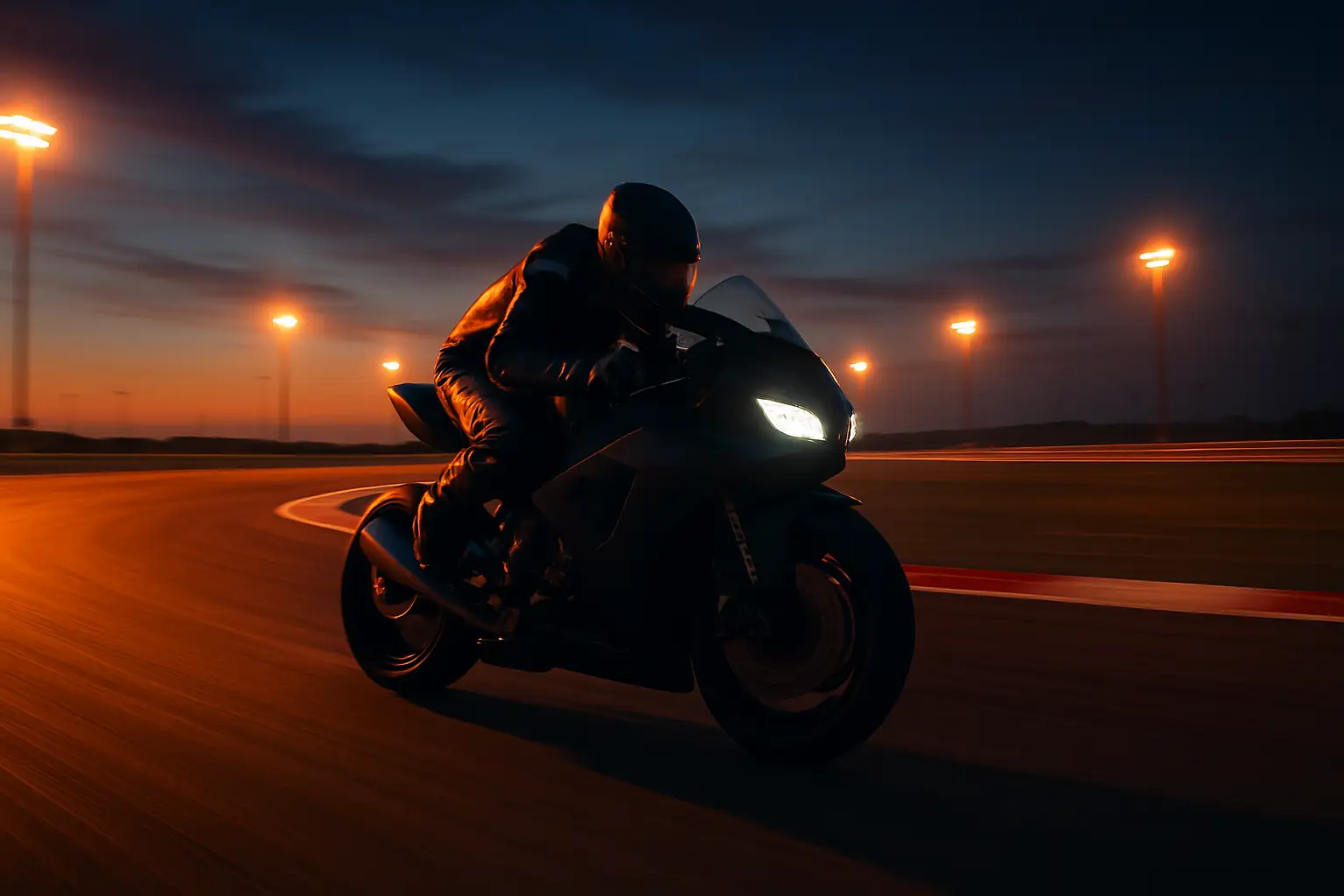 A motorcycle racer leaning into a high-speed corner on a racing circuit at dusk