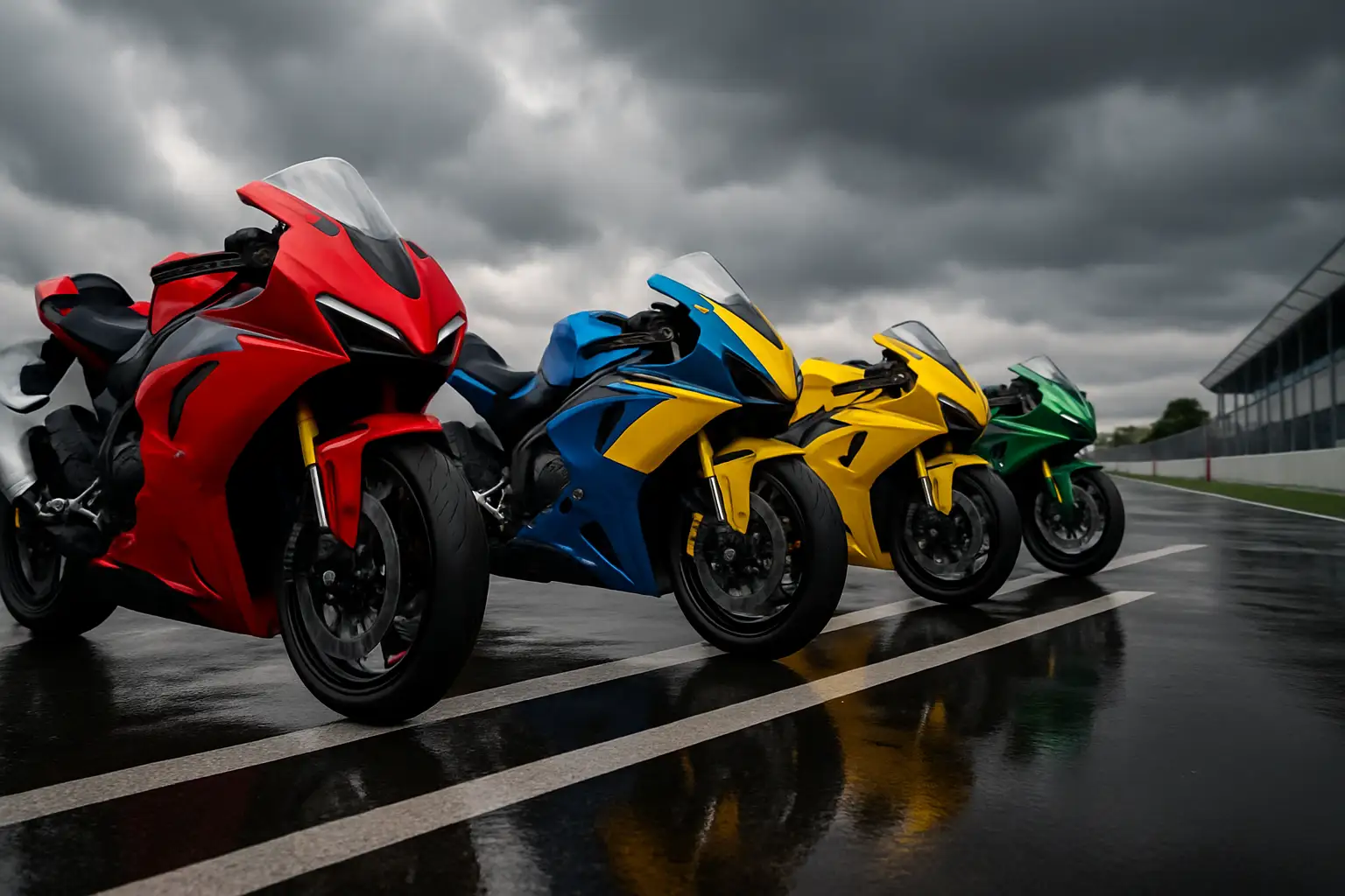 MotoGP bikes lined up on the starting grid at a race circuit
