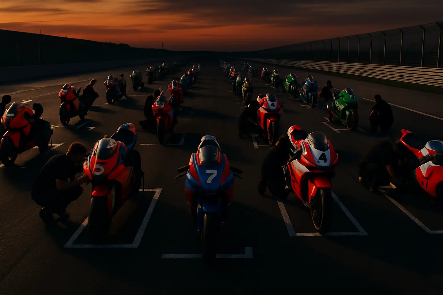 MotoGP bikes lined up on the starting grid with mechanics making final preparations before race start