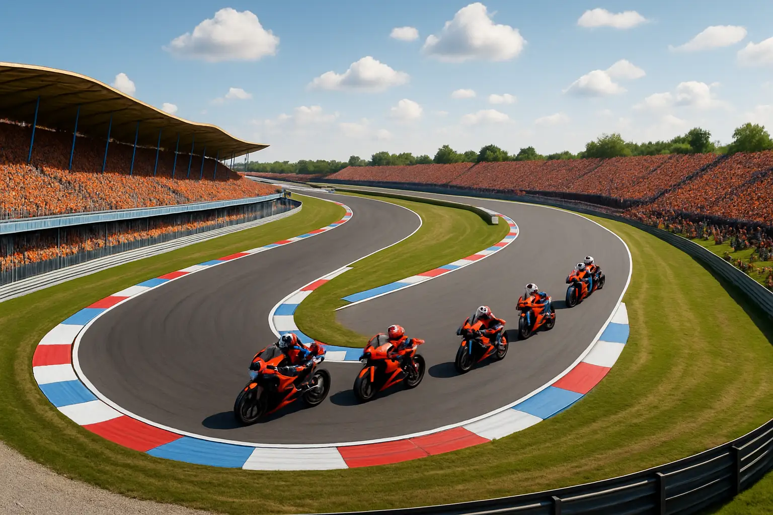 Aerial view of the TT Circuit Assen with MotoGP motorcycles racing through sweeping corners