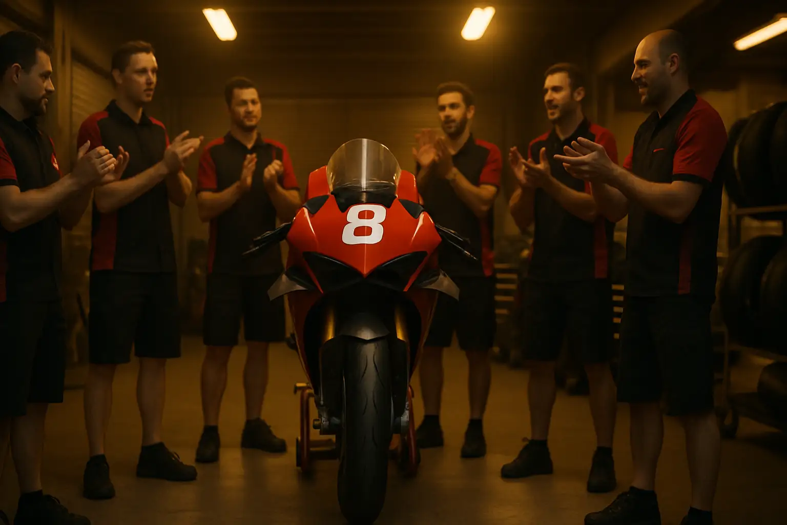 MotoGP rider in garage surrounded by cheering mechanics under bright pit lane lights