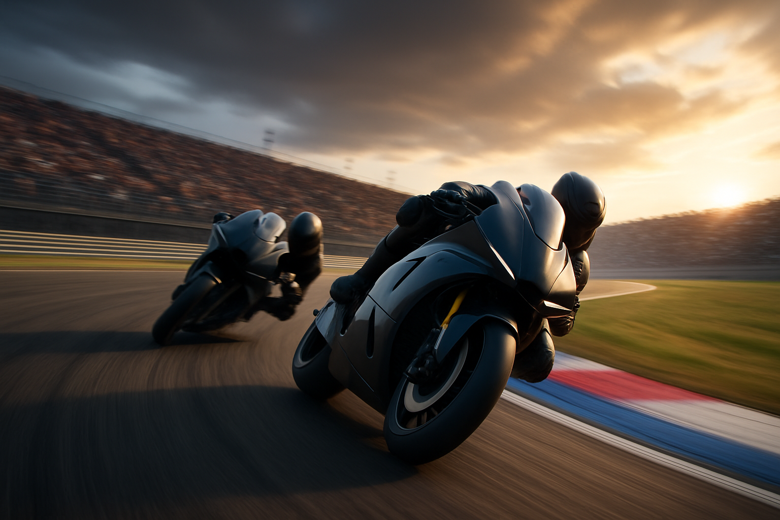 MotoGP prototype motorcycles racing on a circuit at high speed