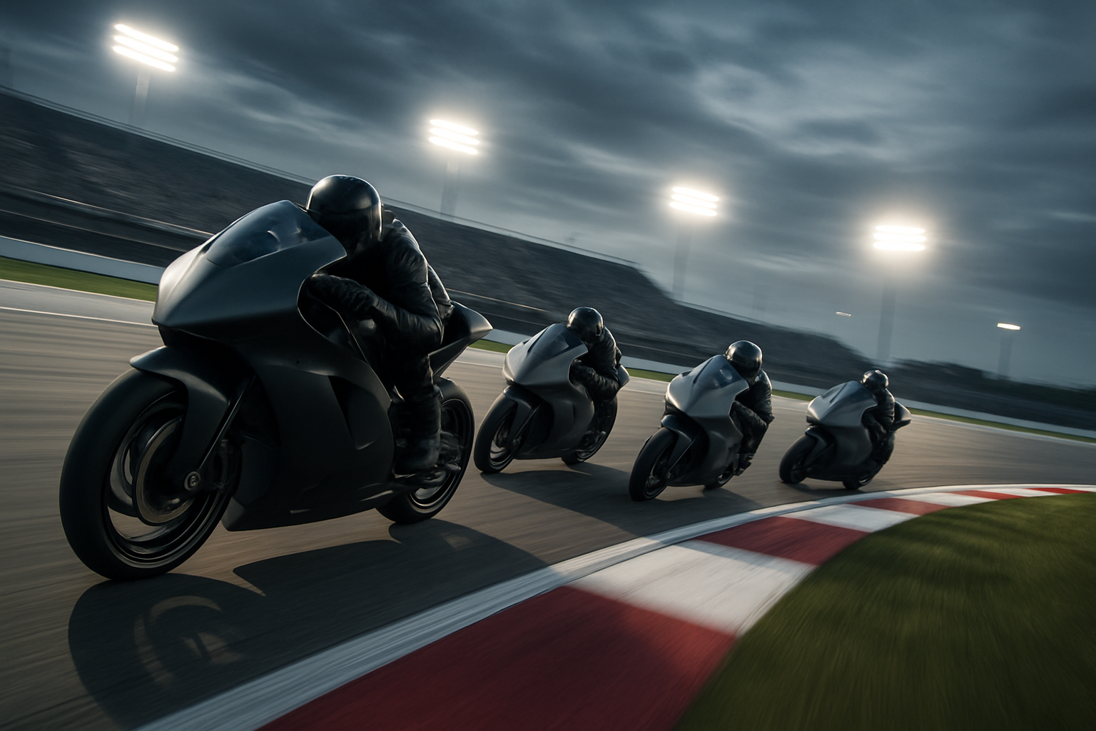 MotoGP prototype motorcycles racing on a circuit at high speed