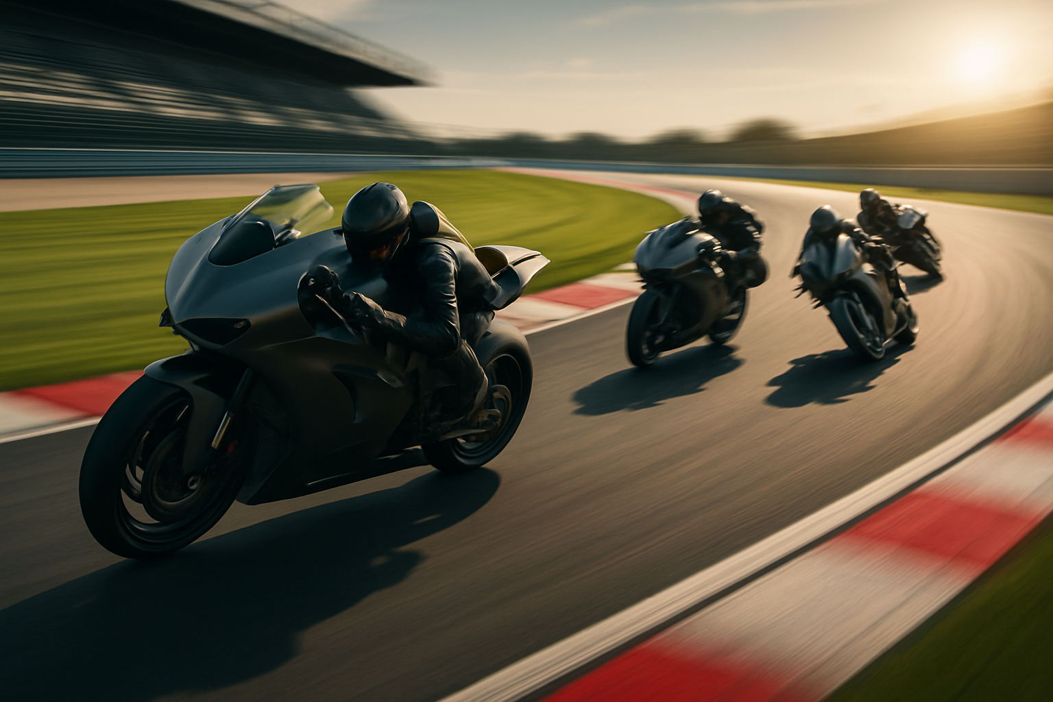 MotoGP prototype motorcycles racing at high speed on a Grand Prix circuit