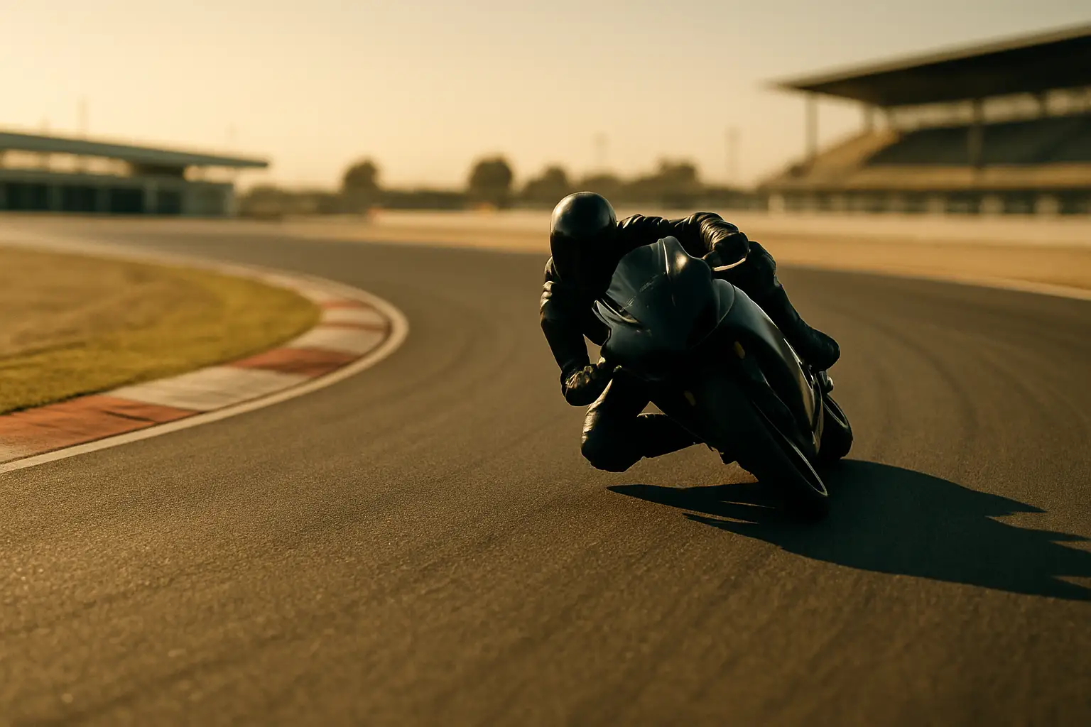 MotoGP riders on track during a competitive race weekend with blurred grandstand in the background