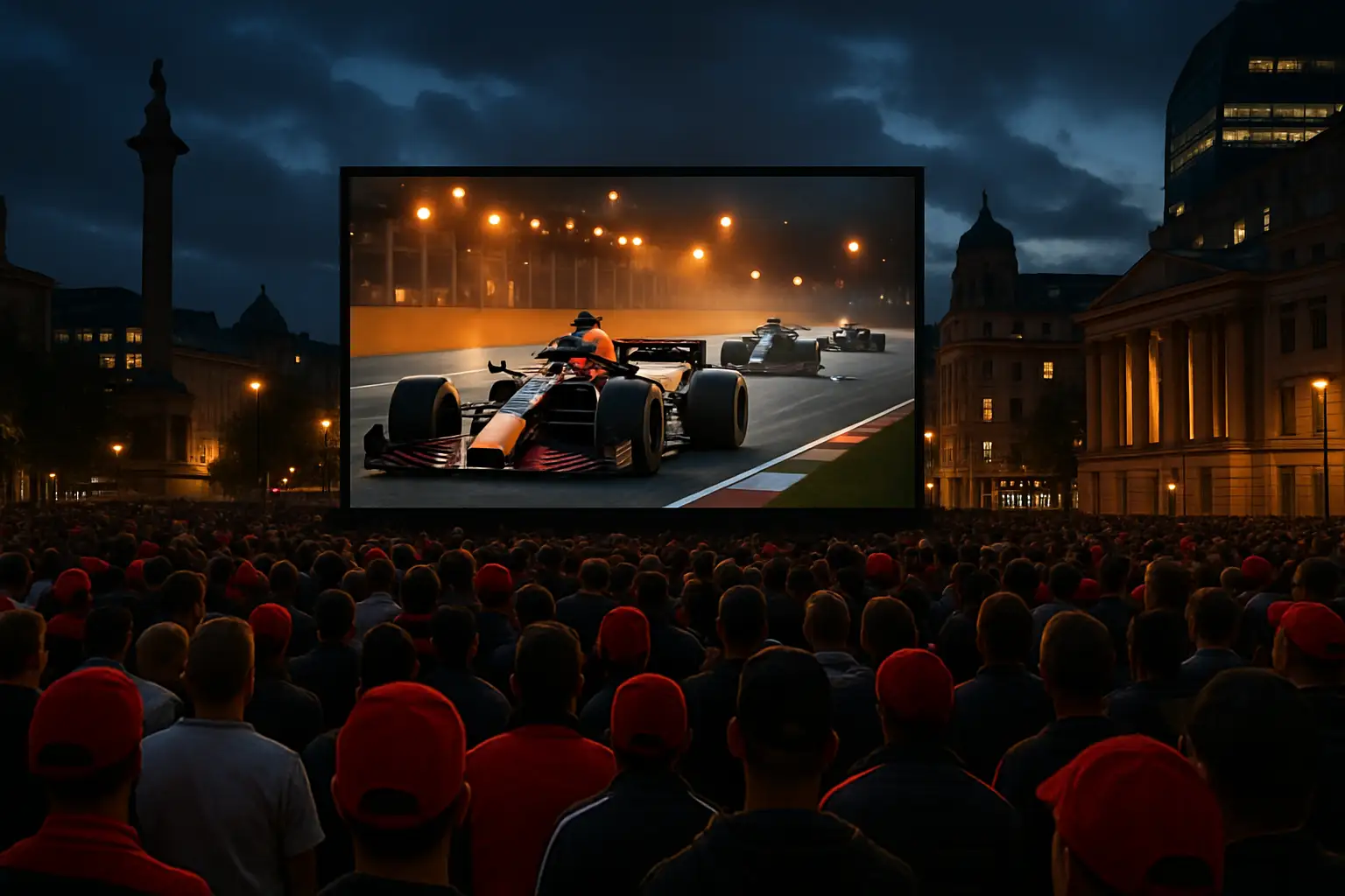 MotoGP fans gathered at a large outdoor screen in central London watching a live race broadcast