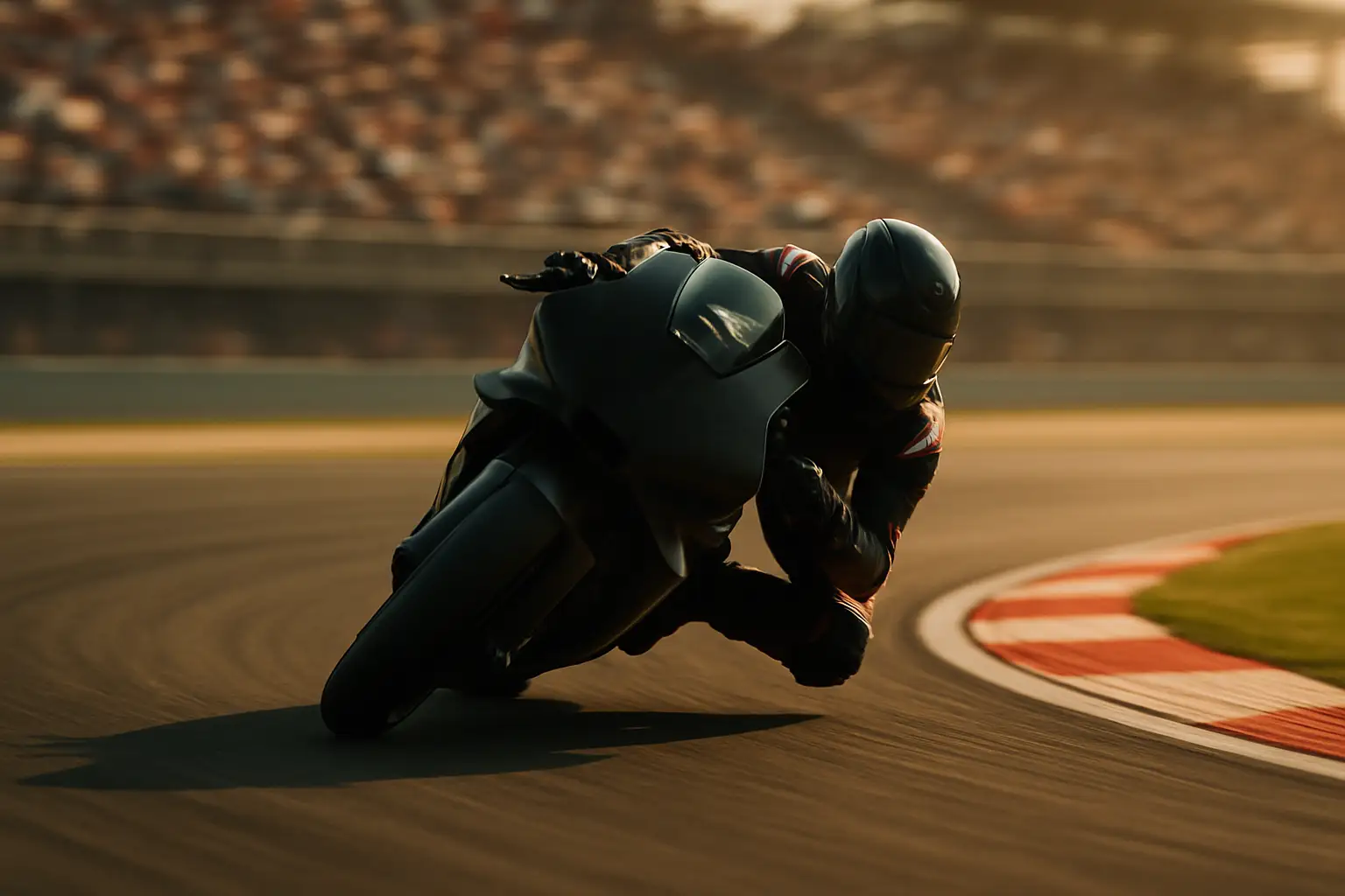 MotoGP motorcycle racing on track with blurred grandstand crowd in background