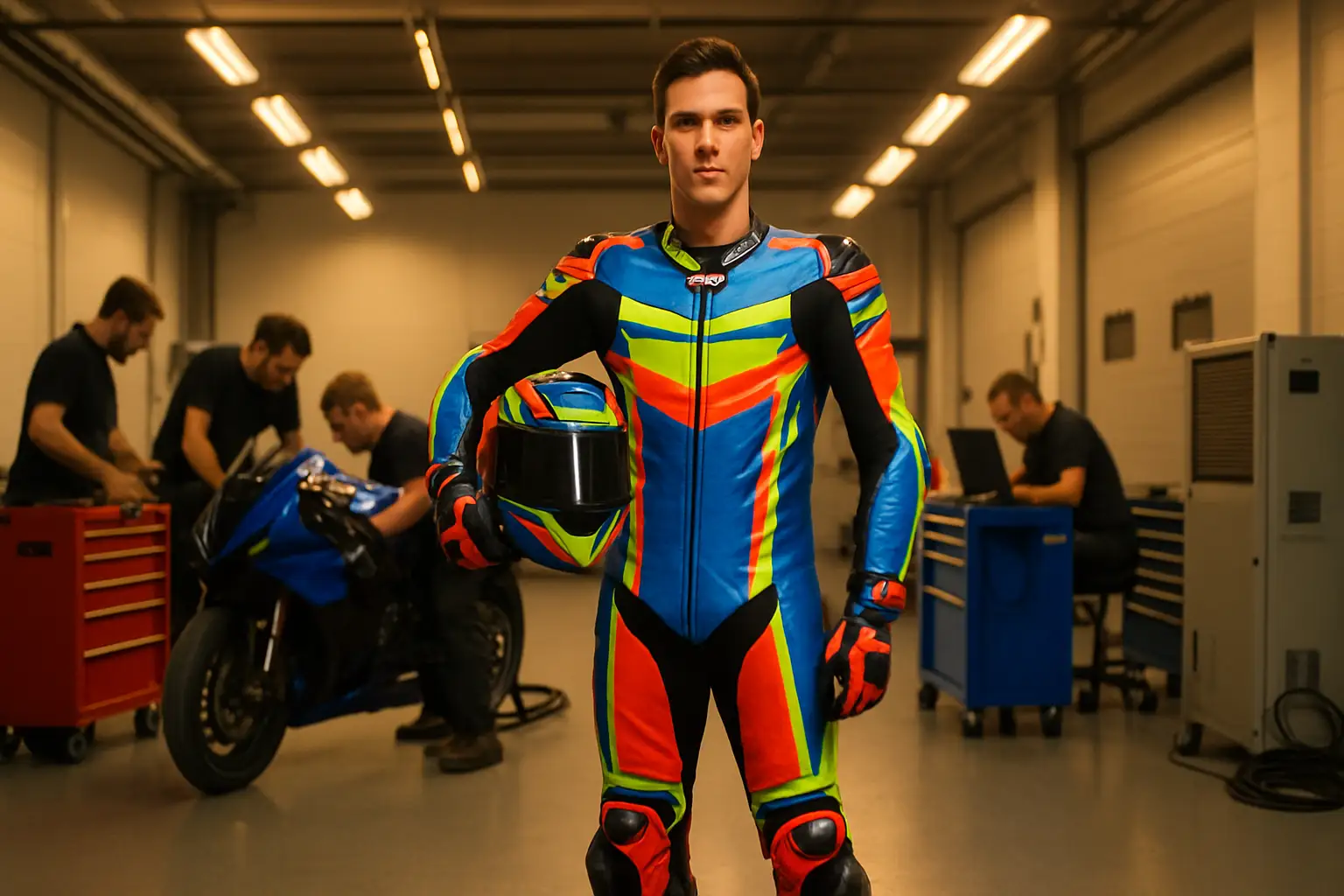 MotoGP rider in full racing leathers standing beside a race bike in a team garage