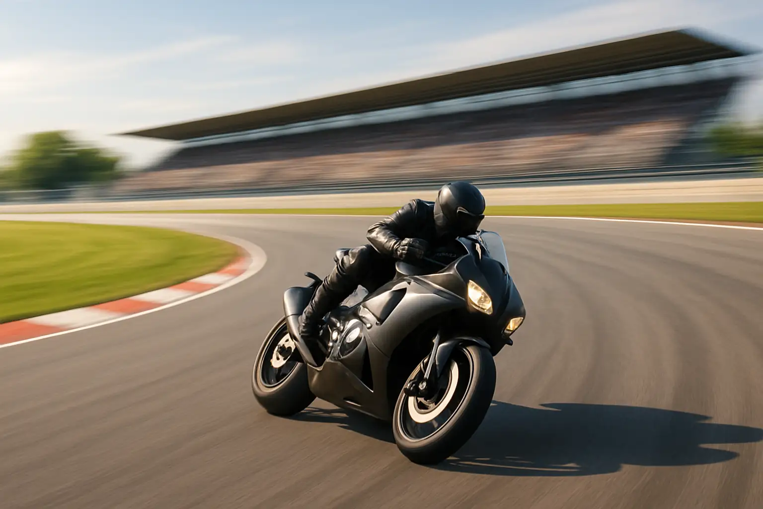 Motorcycle racer leaning through a high-speed corner on a grand prix circuit