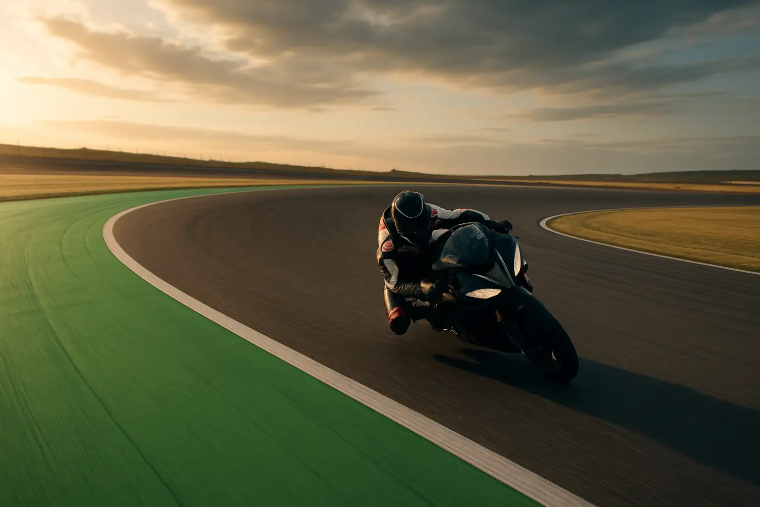 MotoGP rider on a racing motorcycle near the edge of the track with green painted run-off area visible
