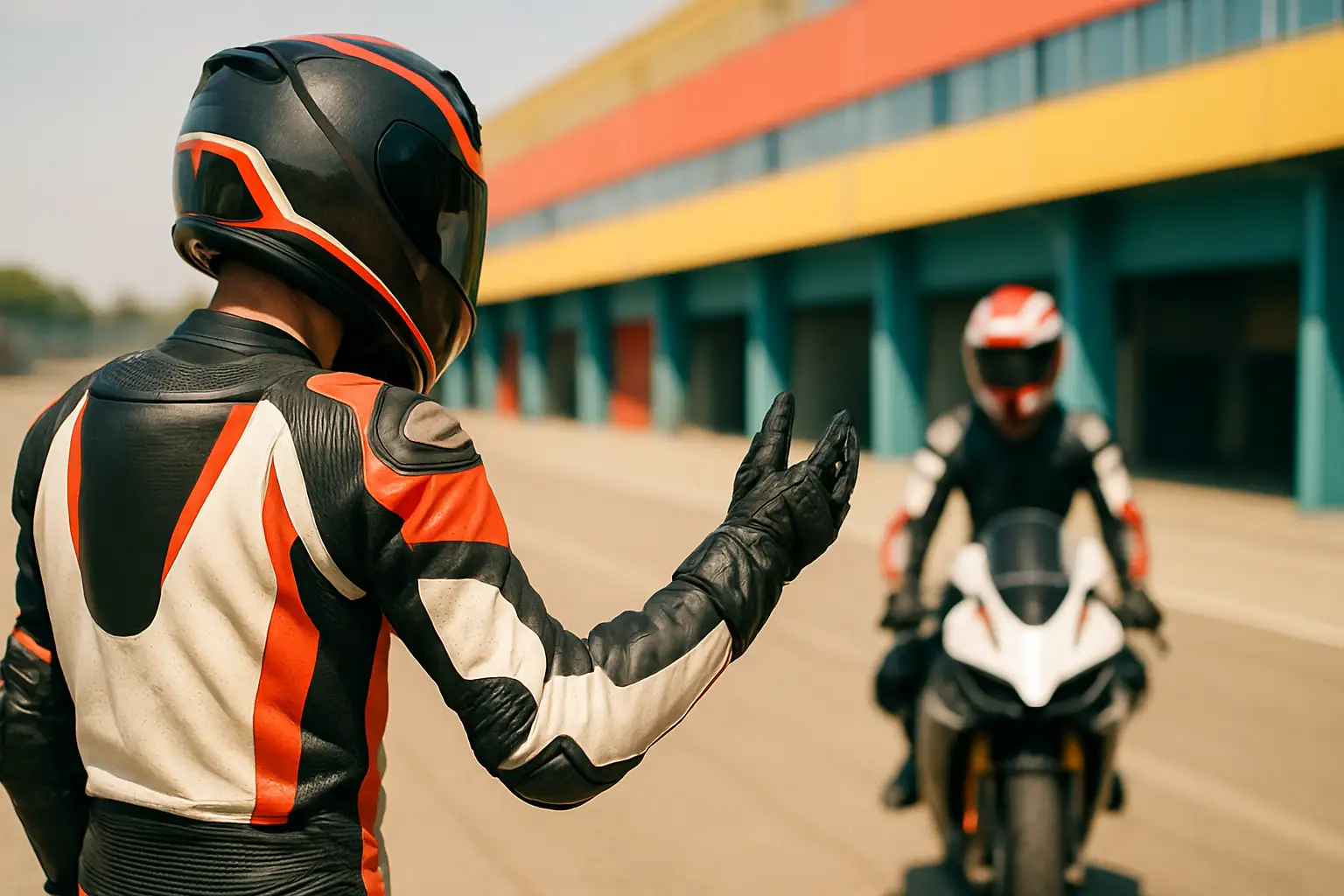 MotoGP rider gesturing support on the paddock at a racing circuit