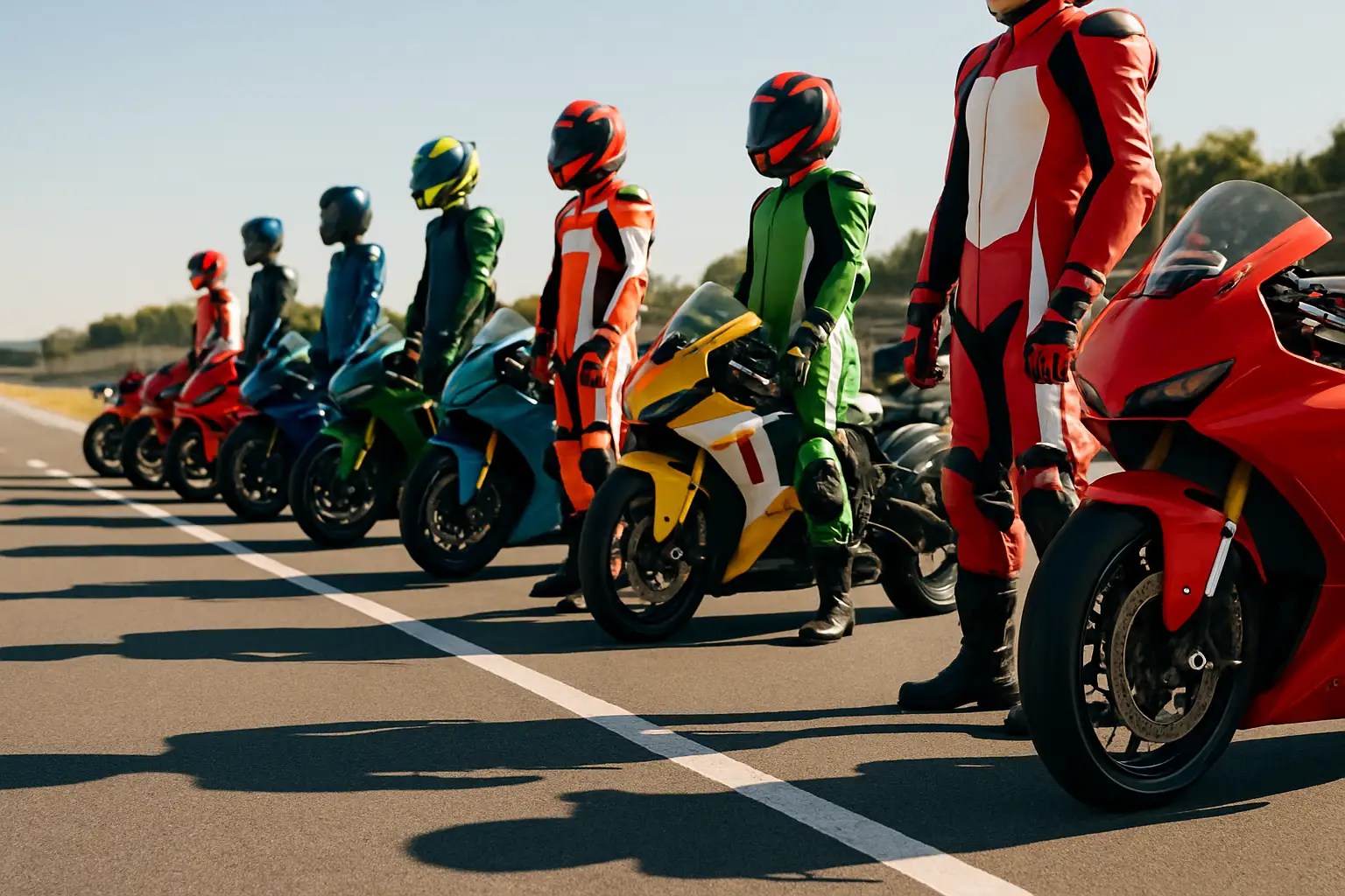 MotoGP riders lined up on the grid before a race start