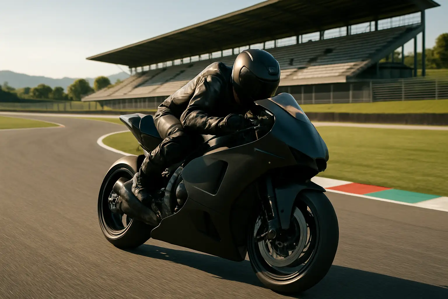A MotoGP rider on a prototype bike completing laps at a sunny Italian circuit