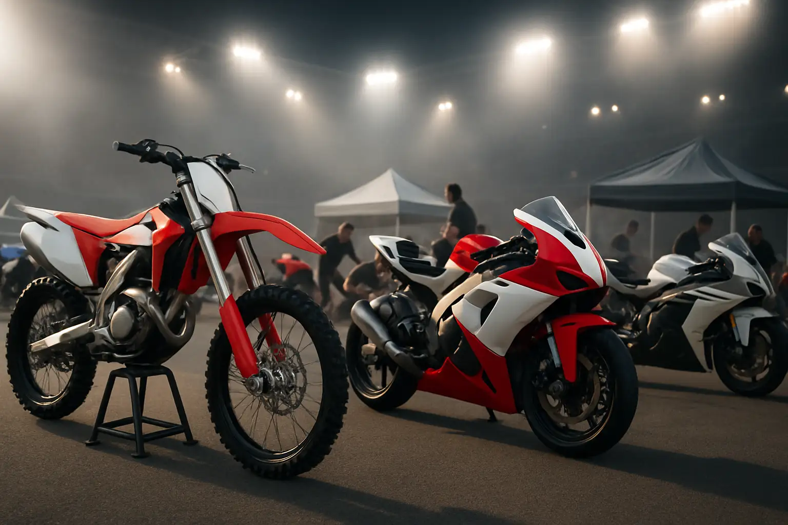 Motocross and road racing bikes lined up in a racing paddock under bright lights