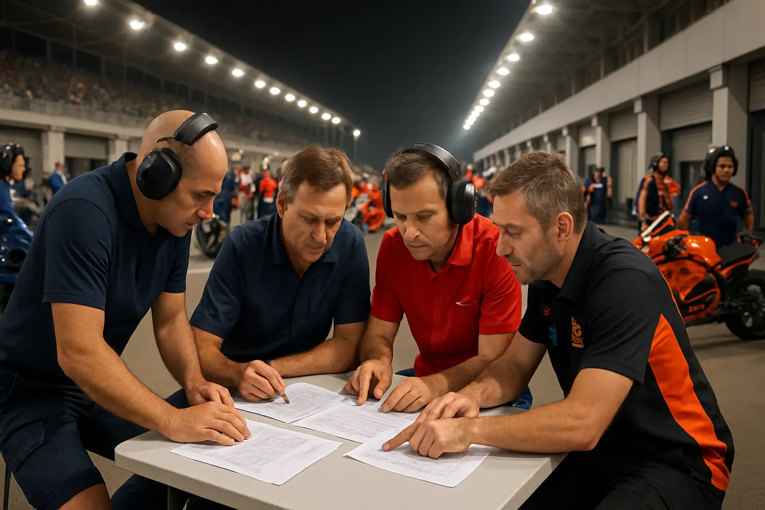 MotoGP pit lane with team officials and mechanics discussing plans in front of racing bikes