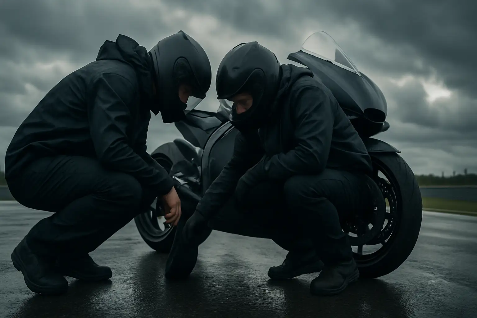 MotoGP pit crew checking tire compounds under cloudy skies on race day