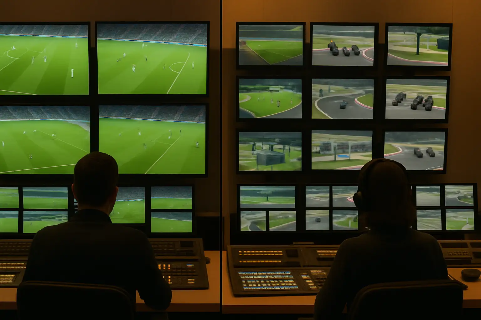 Split sports broadcast schedule graphic showing football pitch and motorcycle racing circuit