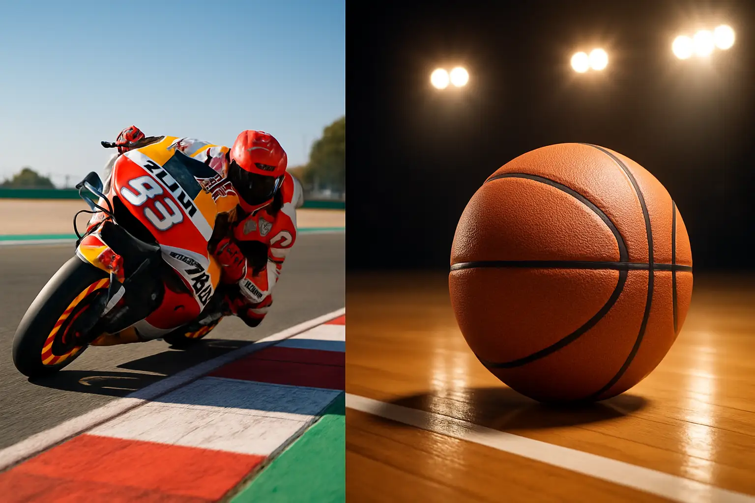 A racing motorcycle on track alongside a basketball court graphic representing gaming and motorsport news