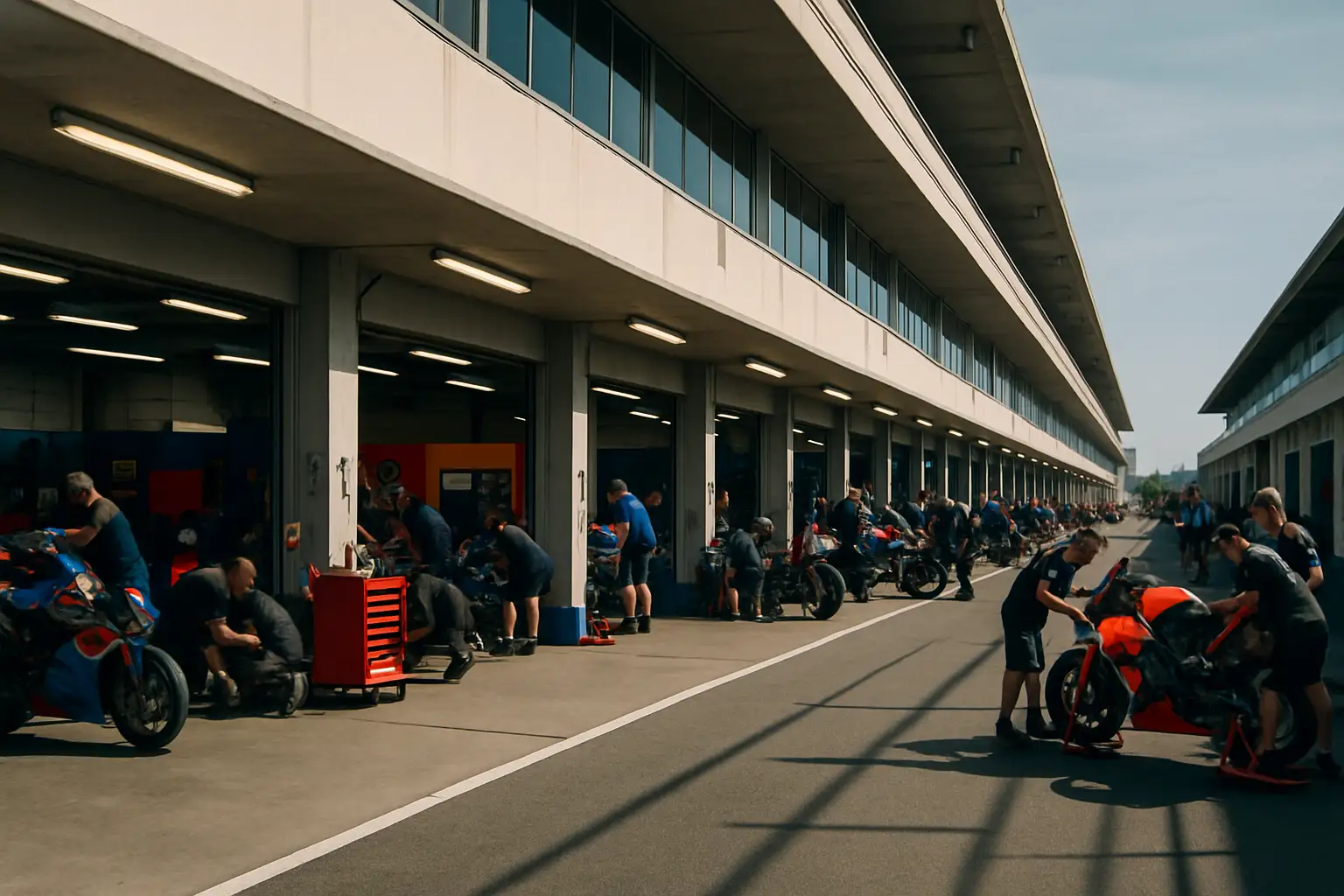 MotoGP paddock with team garages and racing motorcycles lined up in the pit lane