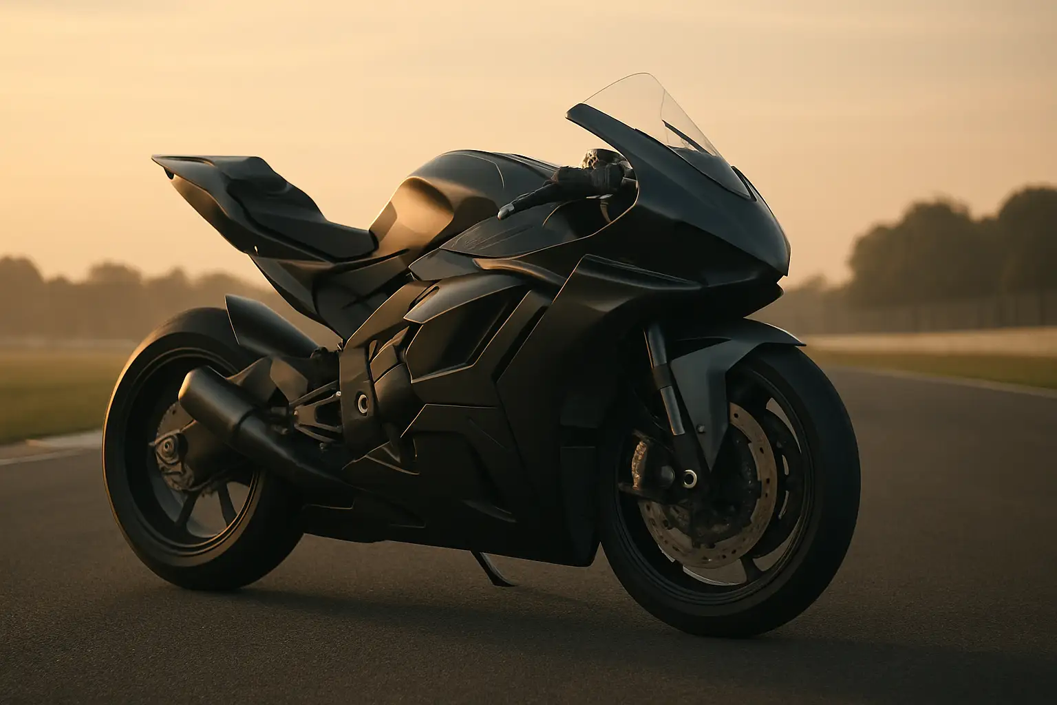 A MotoGP prototype motorcycle on a test track, showing aerodynamic bodywork details from a low angle