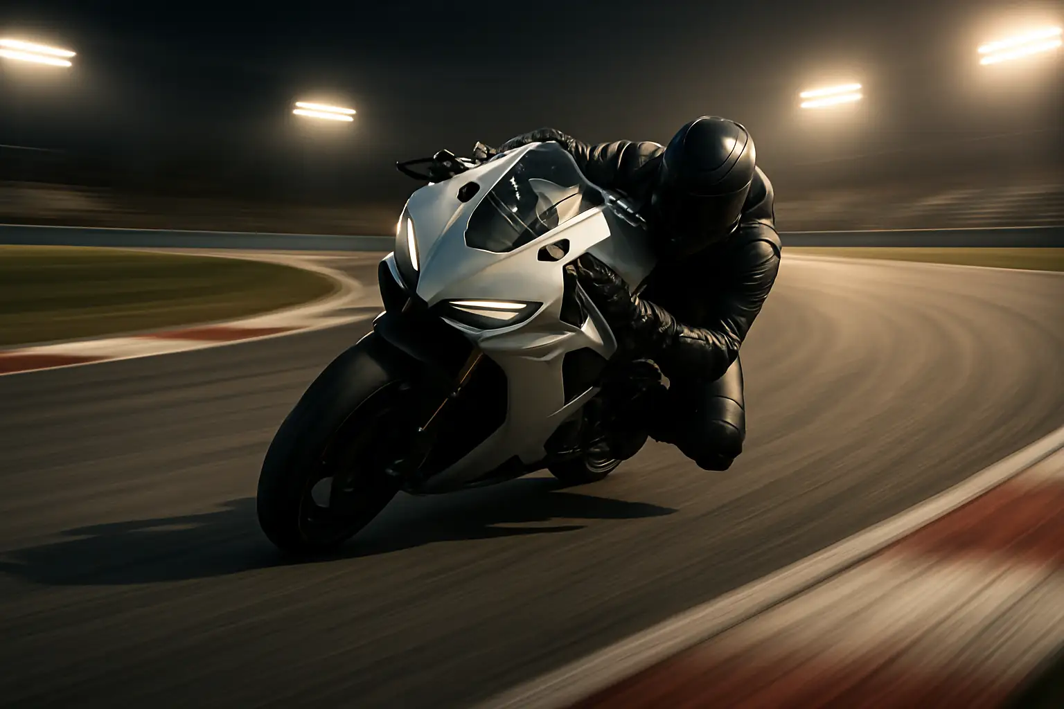 A MotoGP racing motorcycle leaning hard through a corner on a race circuit