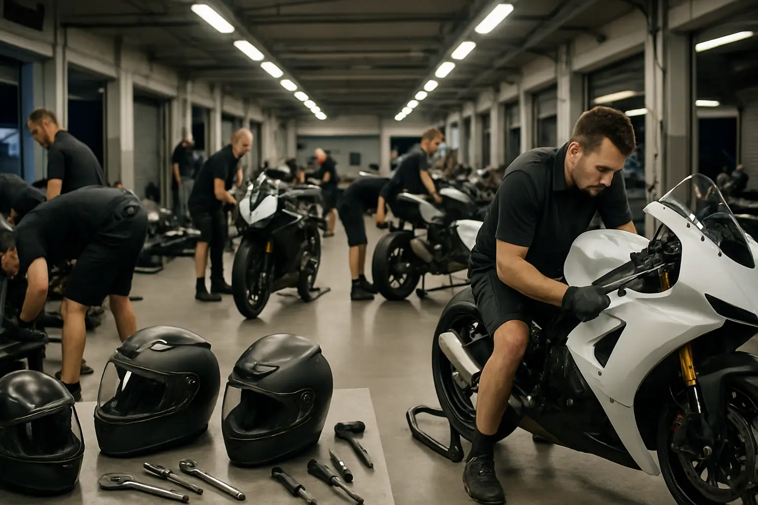 MotoGP pit lane with mechanics and riders preparing bikes under bright garage lights