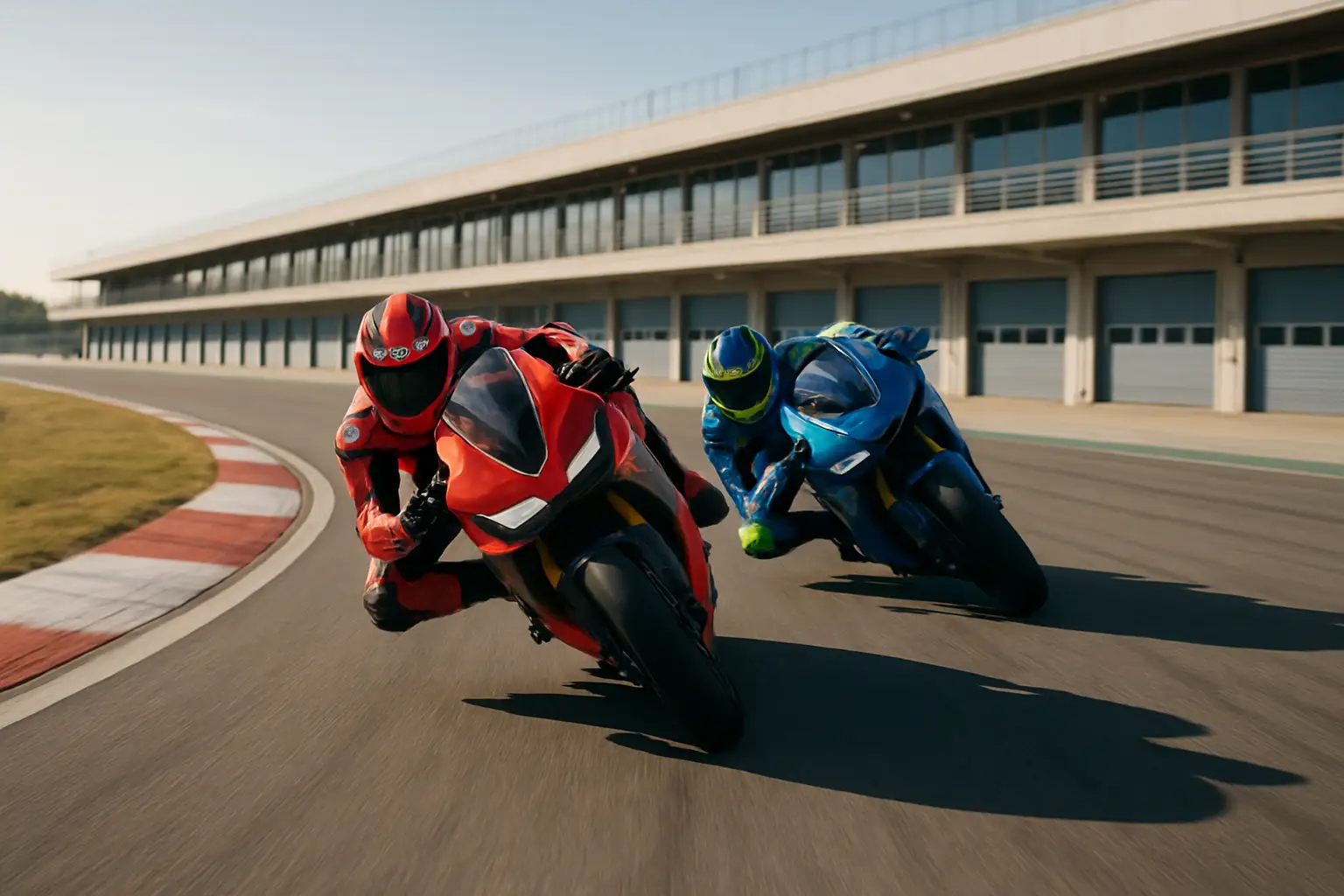 MotoGP riders battling for position on a racing circuit under bright race-day lighting