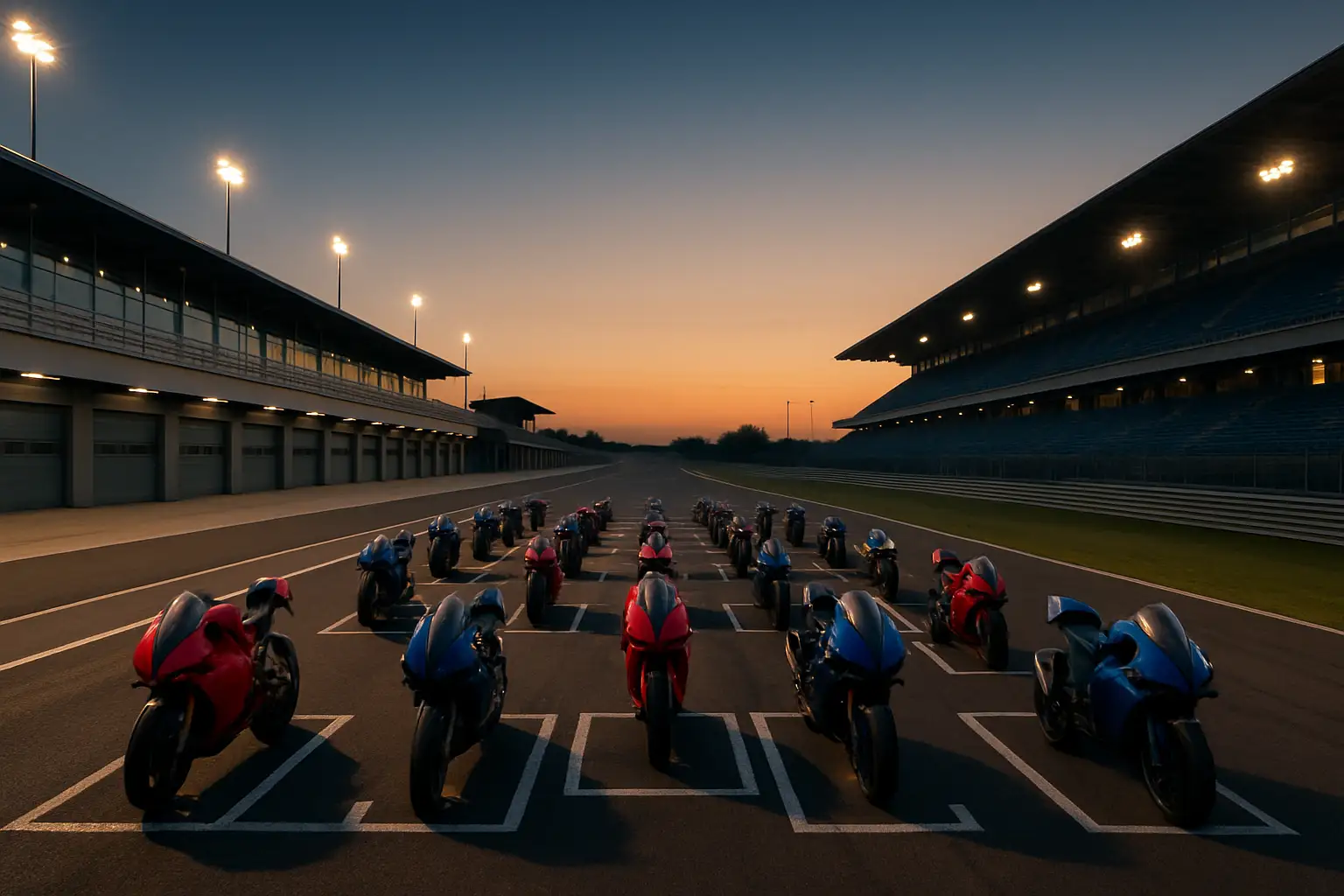 MotoGP riders lined up on the starting grid under bright circuit lights before a race