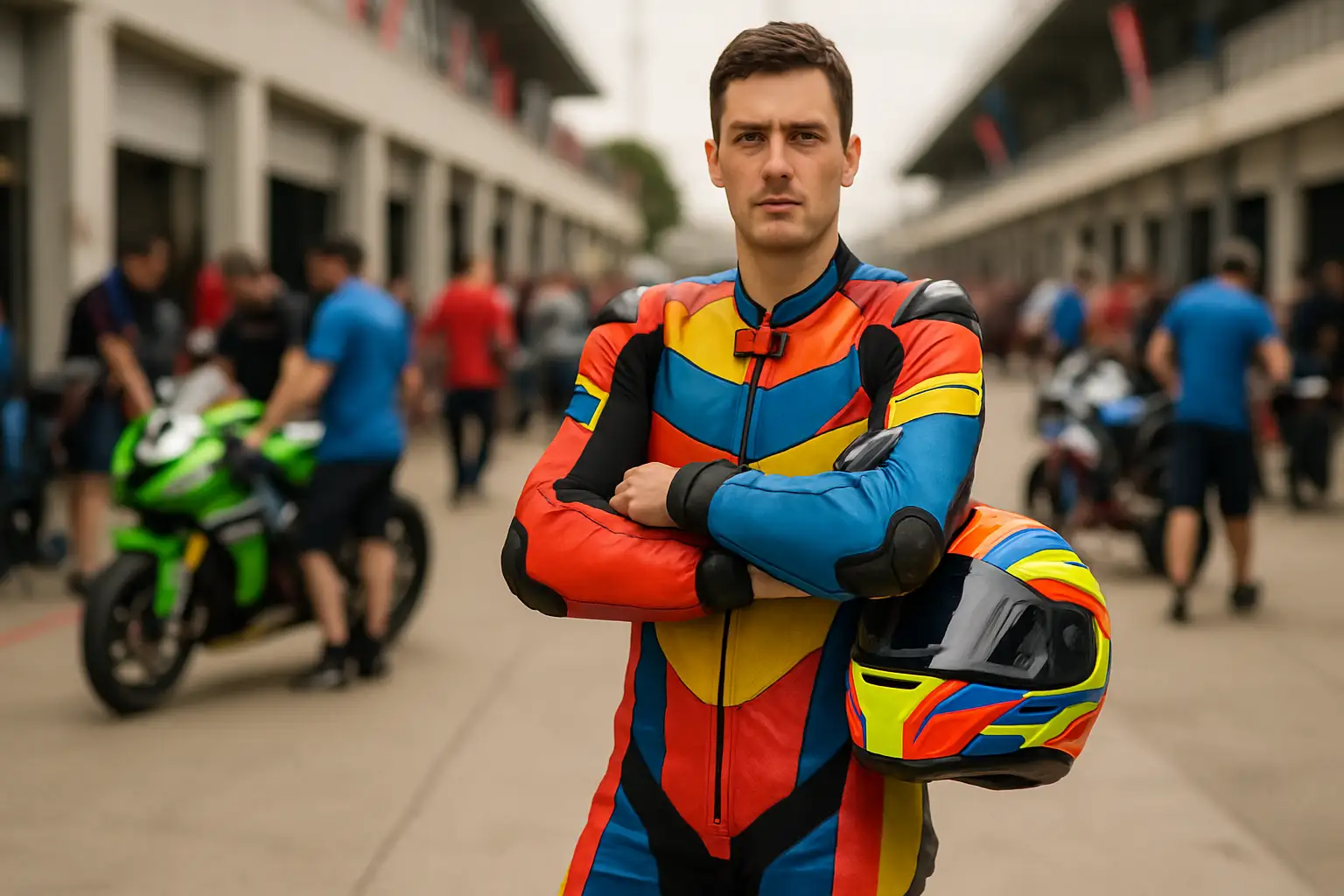 MotoGP rider in full racing leathers standing beside his bike in the paddock, looking determined
