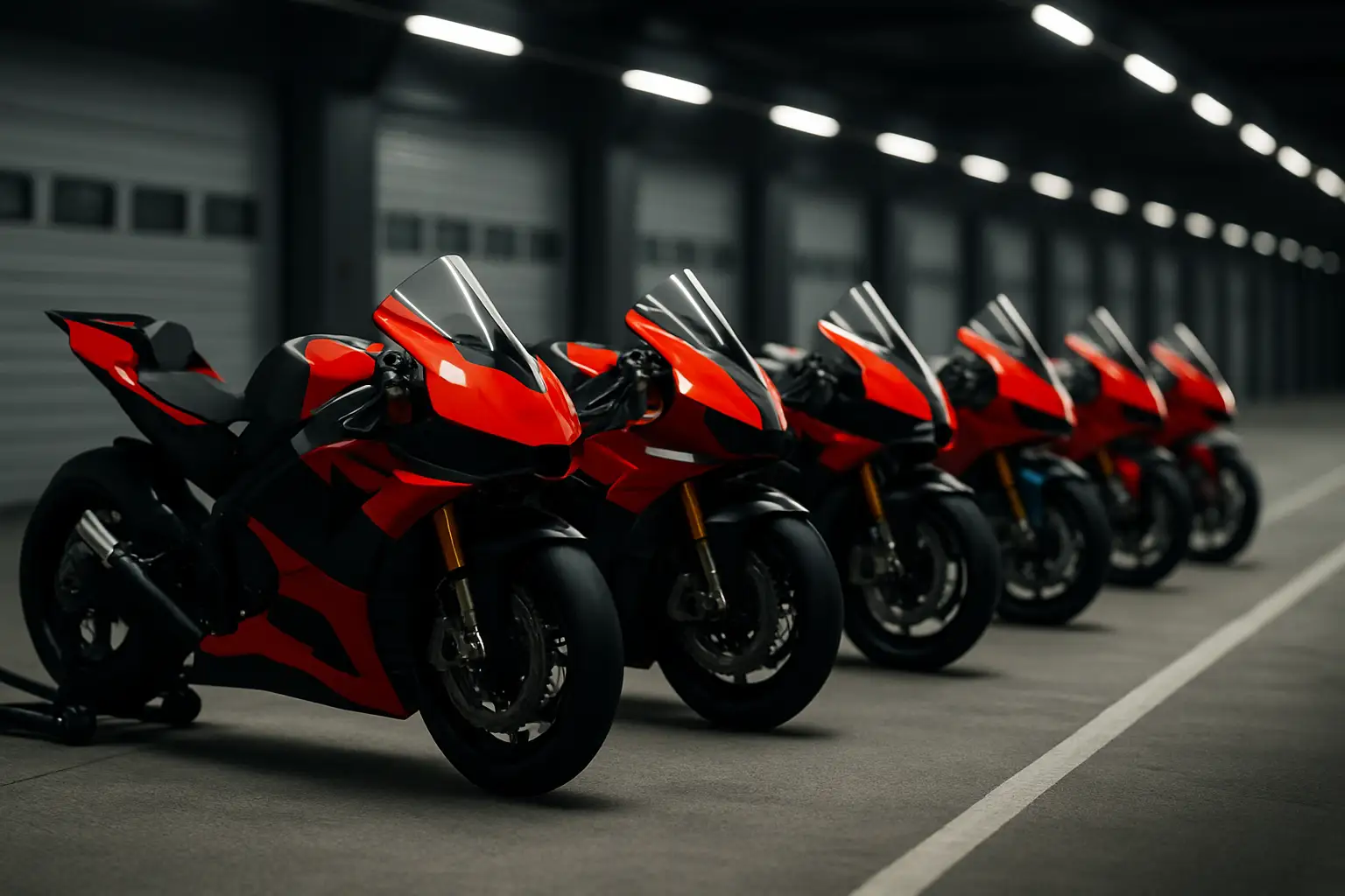 MotoGP riders on a starting grid with team garages in the background