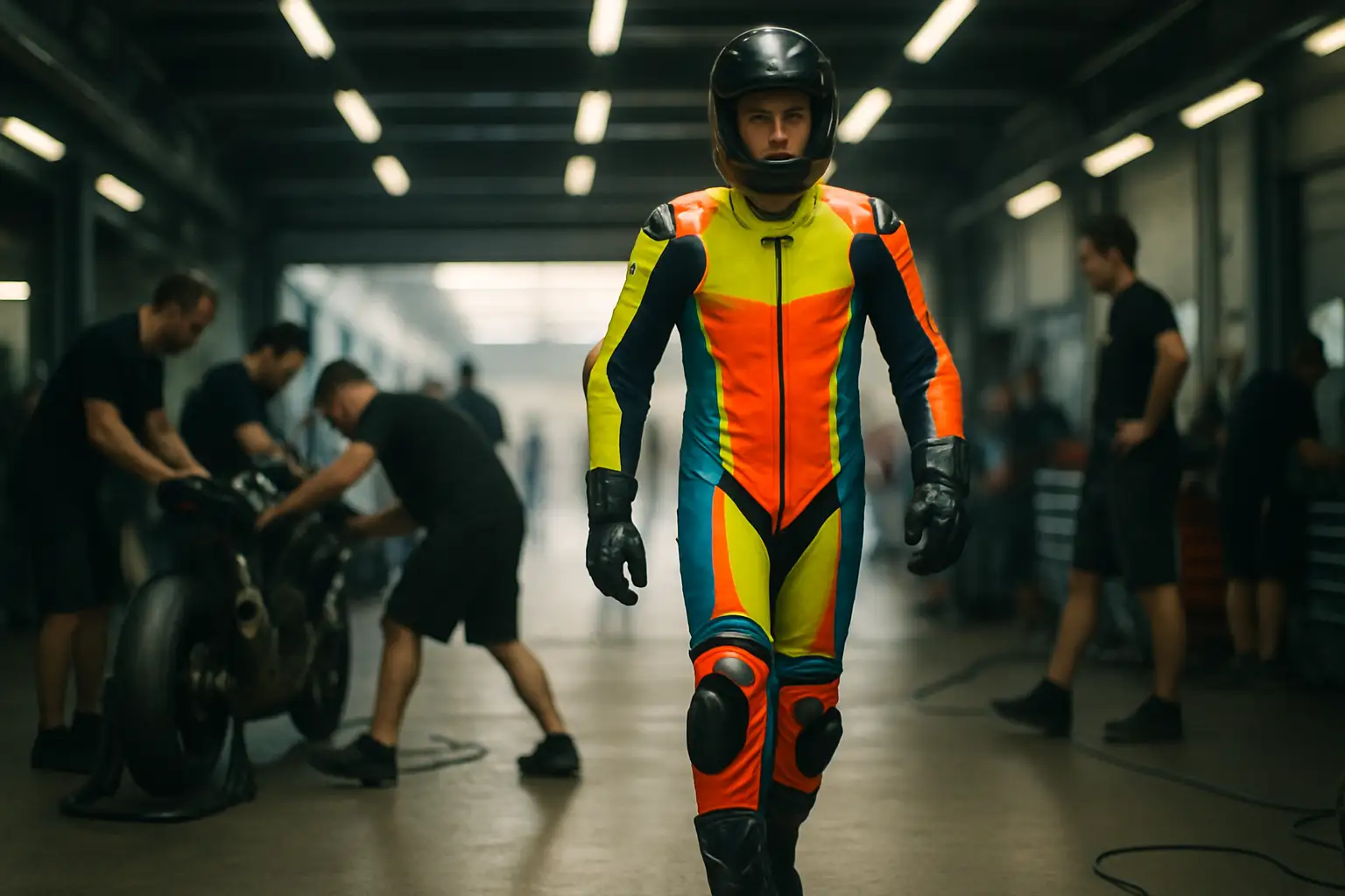 MotoGP rider in full racing leathers walking through a paddock garage with team crew in the background