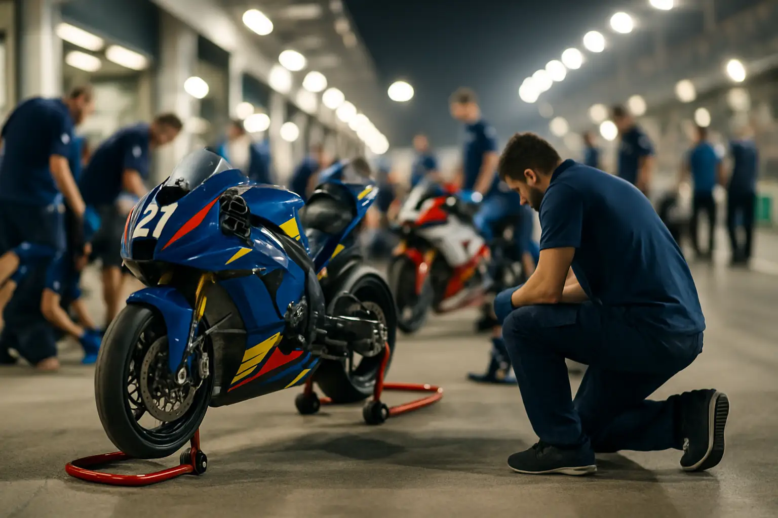 MotoGP pit lane with mechanics and bikes during a busy race weekend