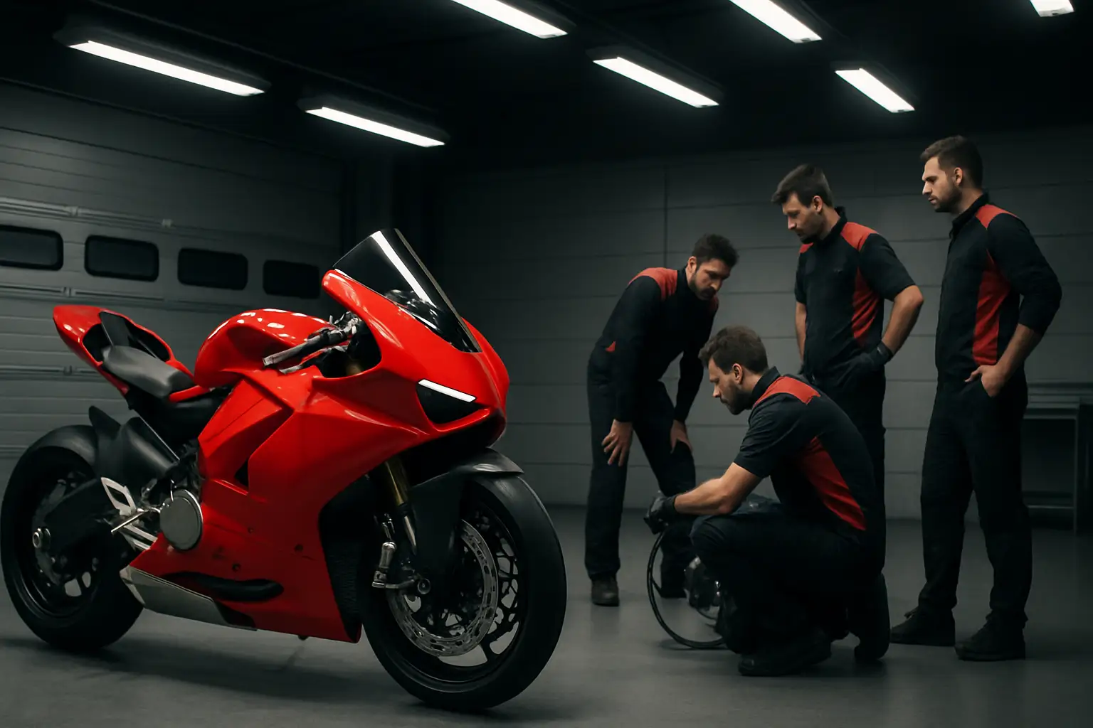 A MotoGP racing motorcycle on a pit lane with mechanics working in the background
