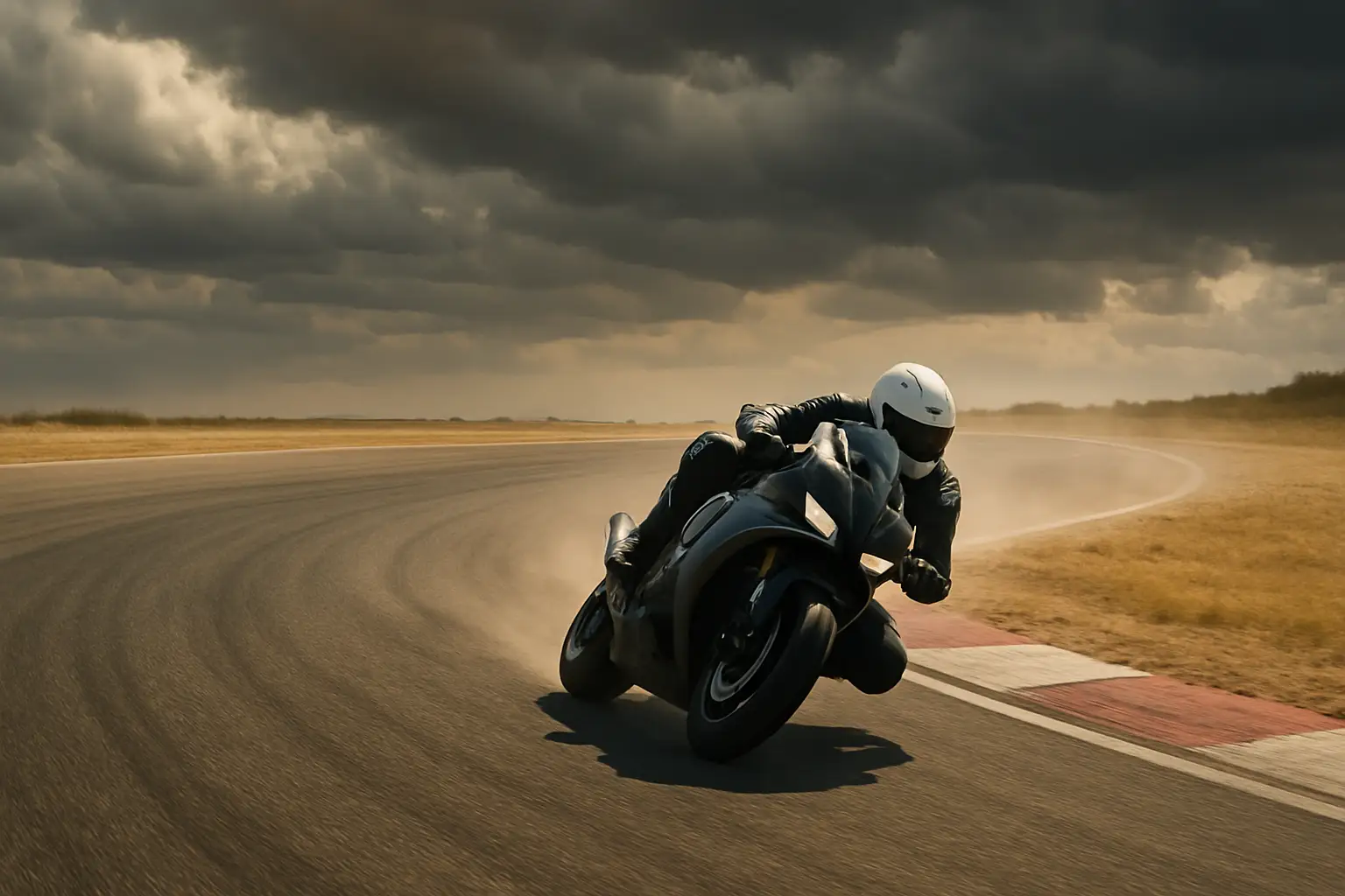 MotoGP motorcycle racing through a heat-shimmering corner at a circuit
