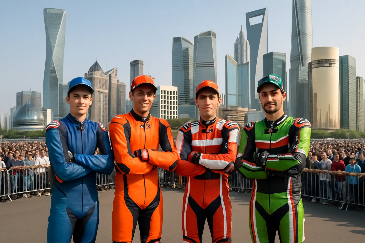 MotoGP riders at a promotional event in a busy urban city center setting