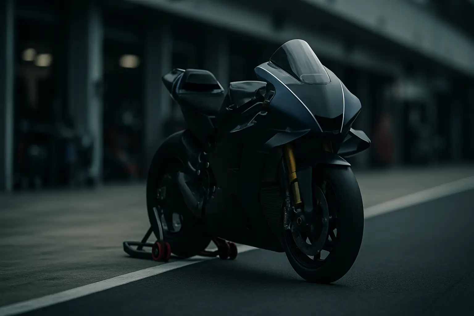 A MotoGP motorcycle on pit lane with a blurred paddock backdrop during a race weekend