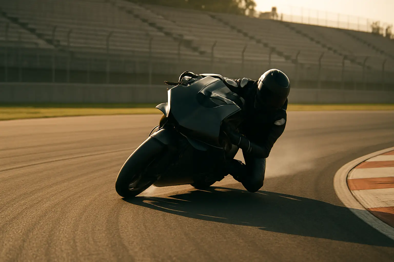 MotoGP bike leaning through a high-speed corner on a race circuit with grandstands in the background