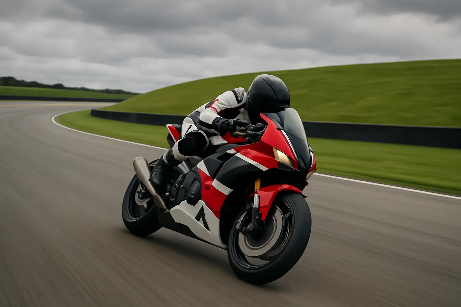 MotoGP motorcycle leaning through a high-speed corner at a British circuit under overcast skies