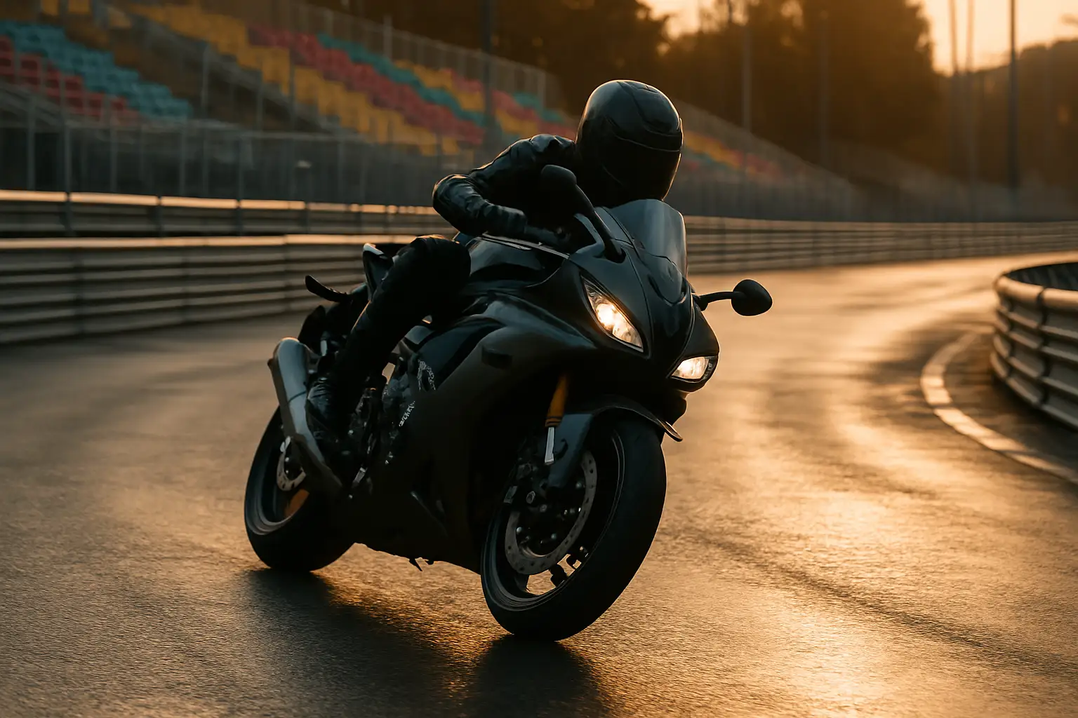 MotoGP motorcycle racing through a narrow urban street circuit lined with barriers and fans