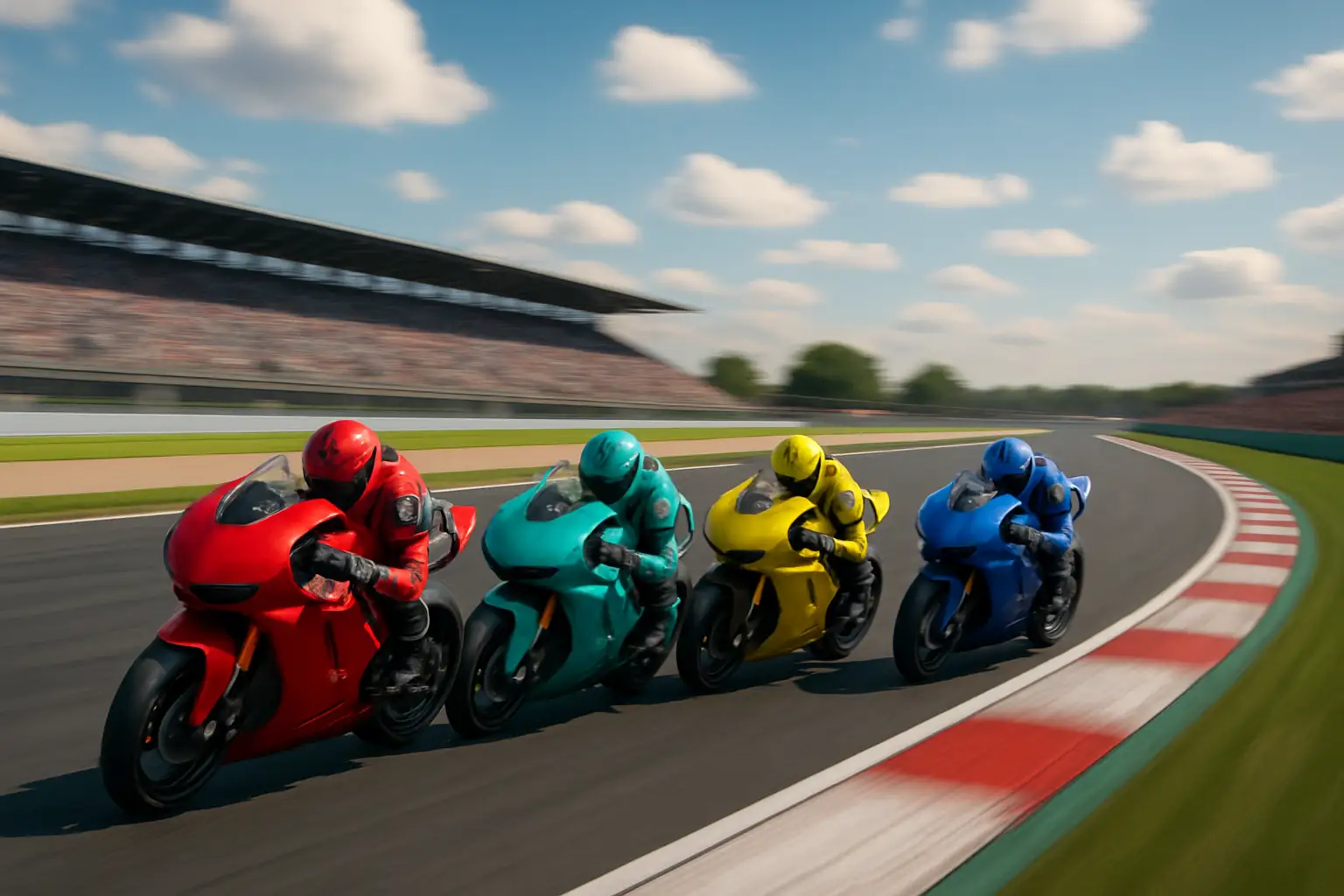 MotoGP bikes racing on circuit under summer skies with grandstands in background