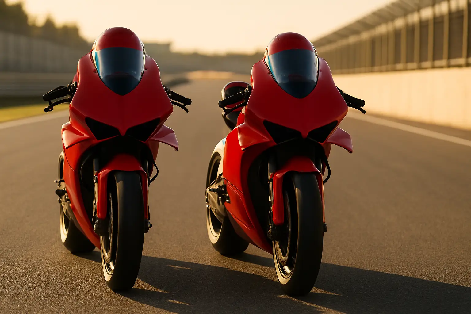 Two Ducati MotoGP bikes racing side by side on a circuit
