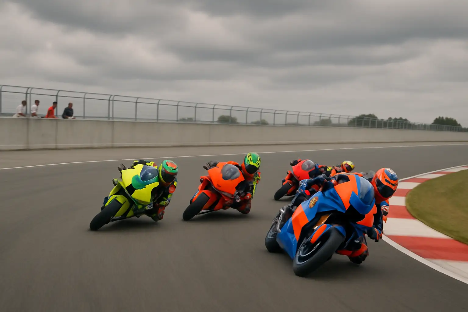 MotoGP motorcycles racing through a fast corner at Silverstone circuit