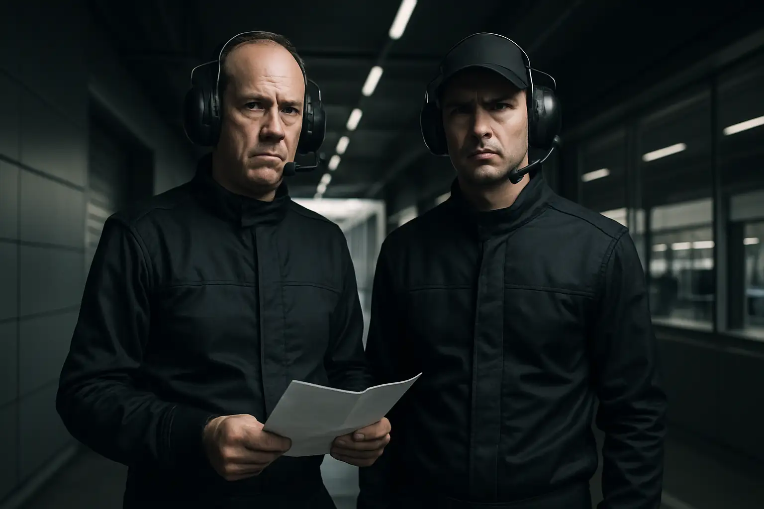 MotoGP paddock officials in a tense discussion near pit lane garages