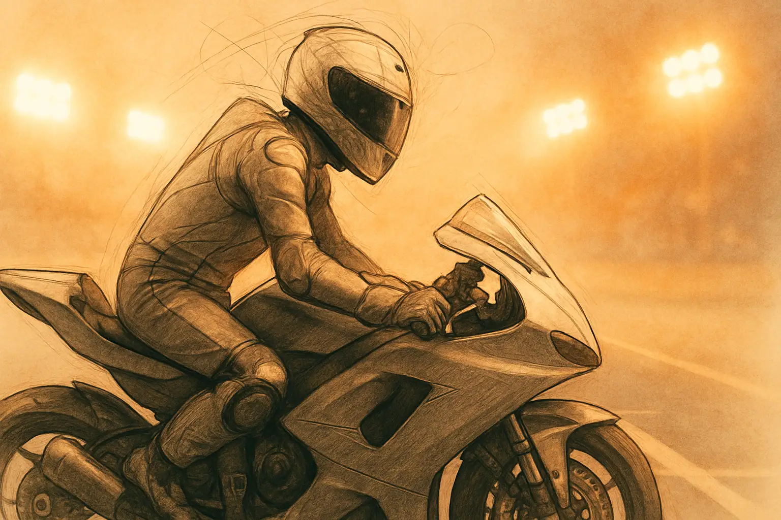A MotoGP rider sitting on his bike on the starting grid, helmet on, surrounded by the blur of a packed grandstand