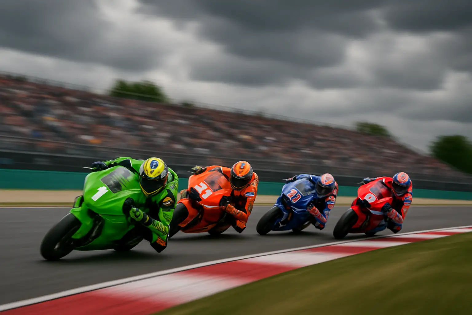 MotoGP riders racing through a circuit with grandstands packed with fans under grey skies